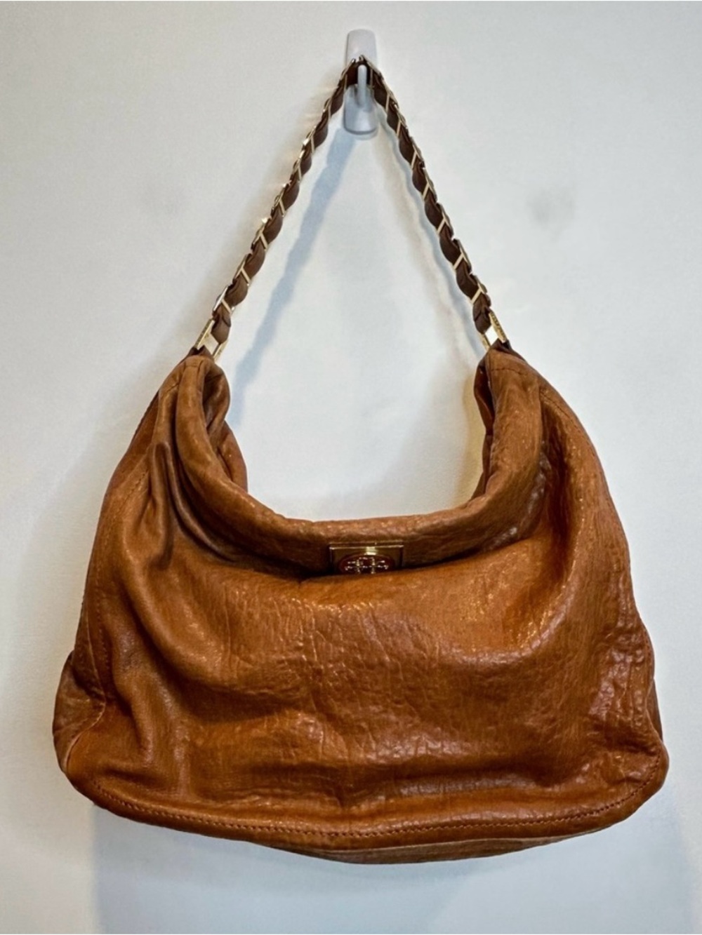 Tory Burch Slouchy Leather Hobo Shoulder Bag Brown Gold Link Strap